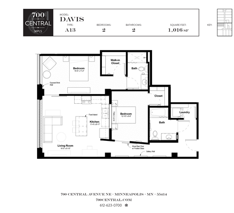 Floor plan for 2 beds, 2 baths, 1016 sqft